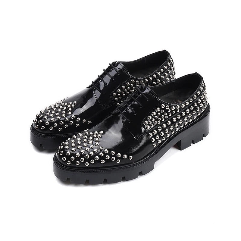 Studded Black Patent Leather Oxford Shoes for Men - Bold Silver Detailing