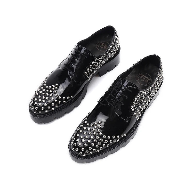 Studded Black Patent Leather Oxford Shoes for Men - Bold Silver Detailing