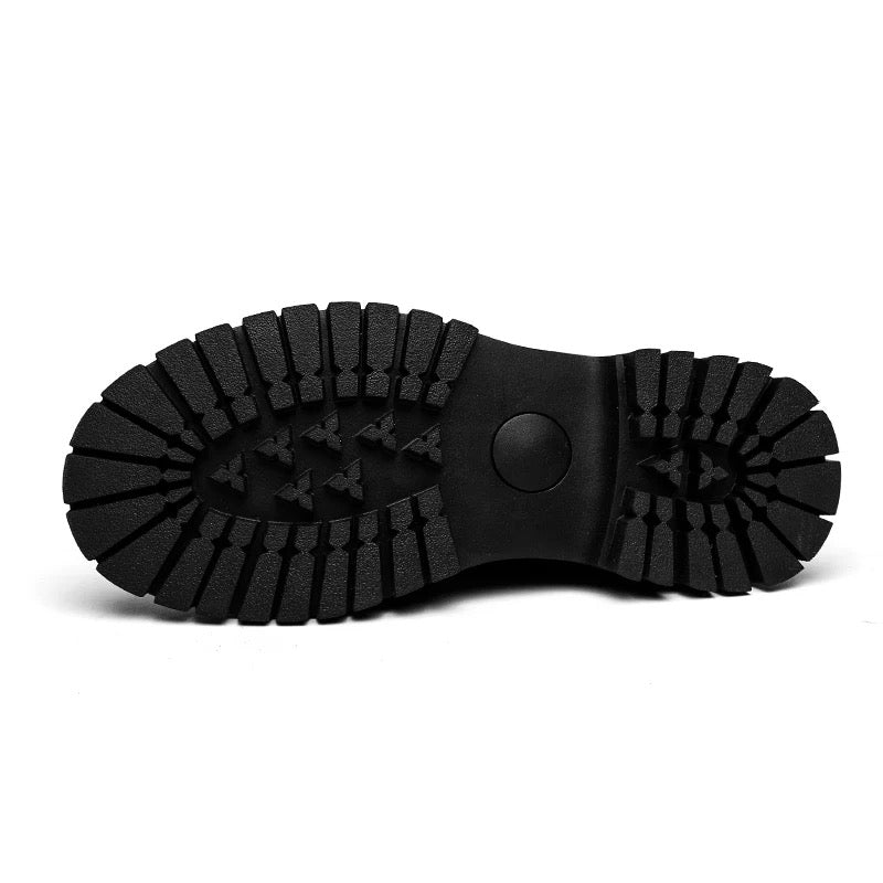 Sole view of men’s black Lined PU shoes showing tread pattern