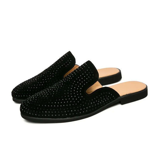 Side profile of black mule loafers for men side by side